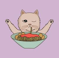 A cute cartoon cat is enjoying a bowl of spaghetti and meatballs. The cat is winking and raising its paws in delight while slurping up the noodles. vector