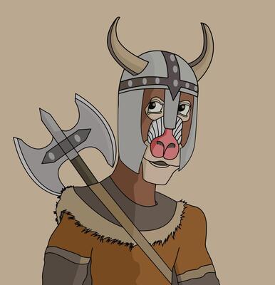 A cartoon illustration of a baboon wearing a Viking helmet with horns and holding a double-headed axe, looking fierce.