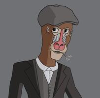 A stylized cartoon of a monkey wearing a suit and flat cap, with a cigarette in its mouth. The monkey's face has colorful, exaggerated features, creating a quirky, humorous appearance. vector