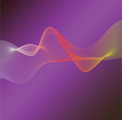 A dynamic, abstract image featuring a vibrant, flowing wave of interconnected lines in shades of orange and yellow against a deep purple gradient background.