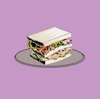 A delicious-looking sandwich with multiple layers of bread, lettuce, tomato, and meat, served on a gray plate against a purple background. vector