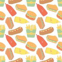 Fast food seamless pattern with hamburgers and fries vector