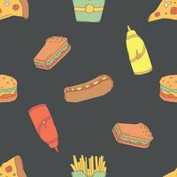 Seamless pattern with fast food items on a dark background vector