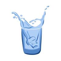 Water splashing in glass with ice cube in flat hand drawn style. Splashes of water or paint vector