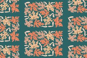 Maple leaves and maple keys in vintage colors. Vintage seamless pattern autumn leaves in 60s style. Rectangle botanical composition on green background vector