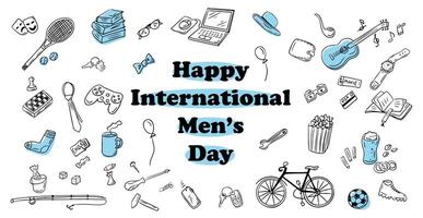International men s day banner with doodle items related to men. hand drawn illustration in sketch style. Template for background, banner, card, poster with text vector