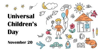 Universal Childrens day banner with doodle childish items. hand drawn illustration in sketch style isolated on white background. Template for background, banner, card, poster with text vector