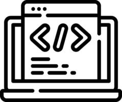A black and white icon of a computer screen with a code symbol vector