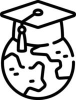 A black and white drawing of a graduation cap on a globe vector