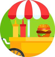 A hamburger and hot dog cart with an umbrella vector