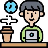 A man is working on his laptop in front of a clock vector