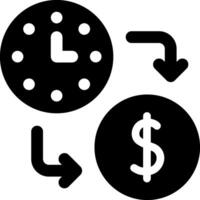 A clock and dollar sign are shown in black and white vector