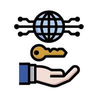 a hand holding a key and a globe vector