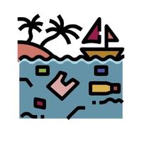 A cartoon image of a boat and palm trees vector