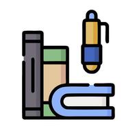 A book, pen and pencil are sitting on top of a stack of books vector