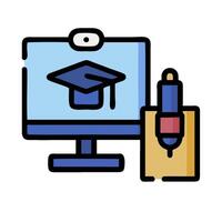 A computer with a graduation cap and a pen vector
