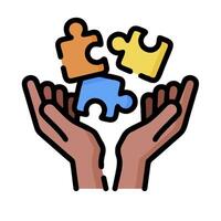 Two hands holding a puzzle piece in the air vector
