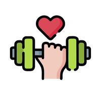 A hand holding a dumbbell with a heart on it vector