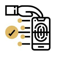 A hand holding a phone with a check mark next to it vector