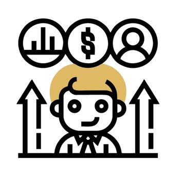 A man is sitting in front of a computer with a dollar sign and arrows vector