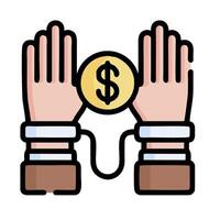 Two hands with a dollar coin in one hand and a chain in the other vector