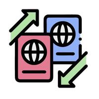 Two passports with a globe on one side and an arrow pointing to the other vector