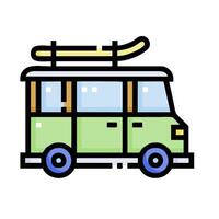 A van with a surfboard on top of it vector