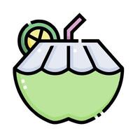 A green coconut drink with a straw and a slice of lemon vector