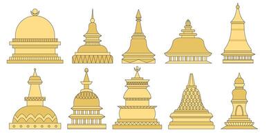 Set of golden stupas architectural structures place of pilgrimage of Buddhists. Temple of Buddha's enlightenment illustration in flat style vector