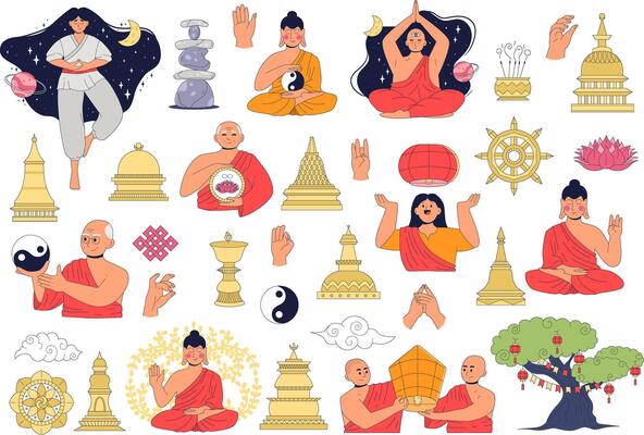 Set of Buddhist philosophy with stupa. Buddhist monks old and young women and men meditate, interpret the teachings of karma, celebrate the birth of Buddha