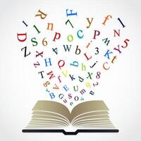 book with color flying letters and numbers vector