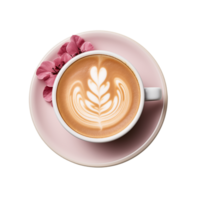 Cup Of Coffee With Beautiful Latte Art And Pink Flowers On A Saucer png