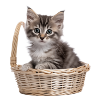Cute Kitten Sitting In A Wicker Basket On A Transparent Background Looking Forward png
