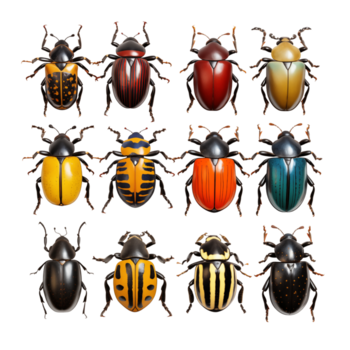 collezione di colorato coleotteri con distintivo modelli e marcature su trasparente sfondo png