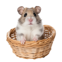 Cute Hamster Sitting In A Wicker Basket On Transparent Background png