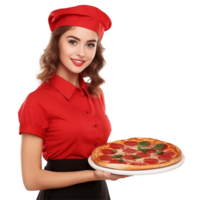 Smiling Pizza Chef In Red Uniform Holding A Freshly Baked Pizza png