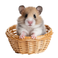 Cute Hamster Sitting In A Small Wicker Basket On Transparent Background png