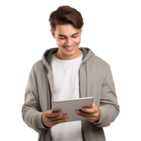 Young Man Smiling While Using A Tablet Device Isolated On Transparent Background png