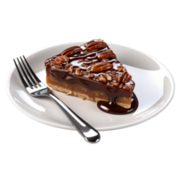 Slice Of Pecan And Caramel Pie With Chocolate Drizzle On White Plate png