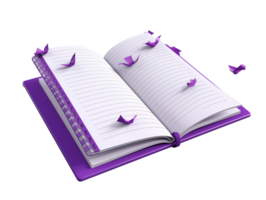 Purple Spiral Notebook With Open Pages And Flying Paper Bird Decorations Isolated On Transparent Background png