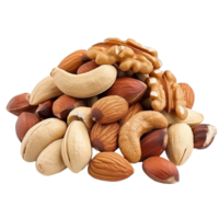 Pile Of Mixed Nuts Including Walnuts, Cashews, And Almonds On A Transparent Background png
