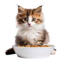 Fluffy Kitten Sitting In Front Of A White Bowl Filled With Food On Transparent Background png