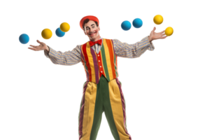 Cheerful Clown Juggling Colorful Balls While Smiling In Bright Costume On White Background png