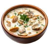 caliente y abundante almeja sopa de pescado con patatas y apio en cuenco png