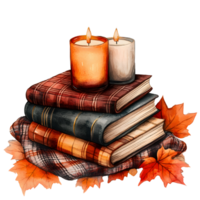 Clip art of a cozy autumn-themed hygge stack of books ,candle, blanket and autumn leaves png