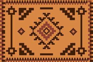 Pixelated Southwestern Rug Design Tan Background with Brown Geometric Patterns and Central Diamond Motif vector