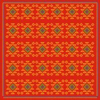 Pixelated Aztec Tapestry Vibrant Red Background with Yellow and Teal Geometric Patterns vector