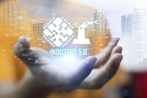 User concept using intelligent robot ai system. Chat with artificial intelligence. AI develops and creates future technology robots in the online world. Industry 5.0 photo