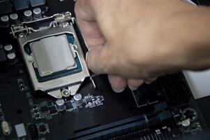 Technicians are installing CPUs, assembling and repairing computers. photo