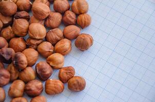hazelnuts without shell on a light background in a check photo